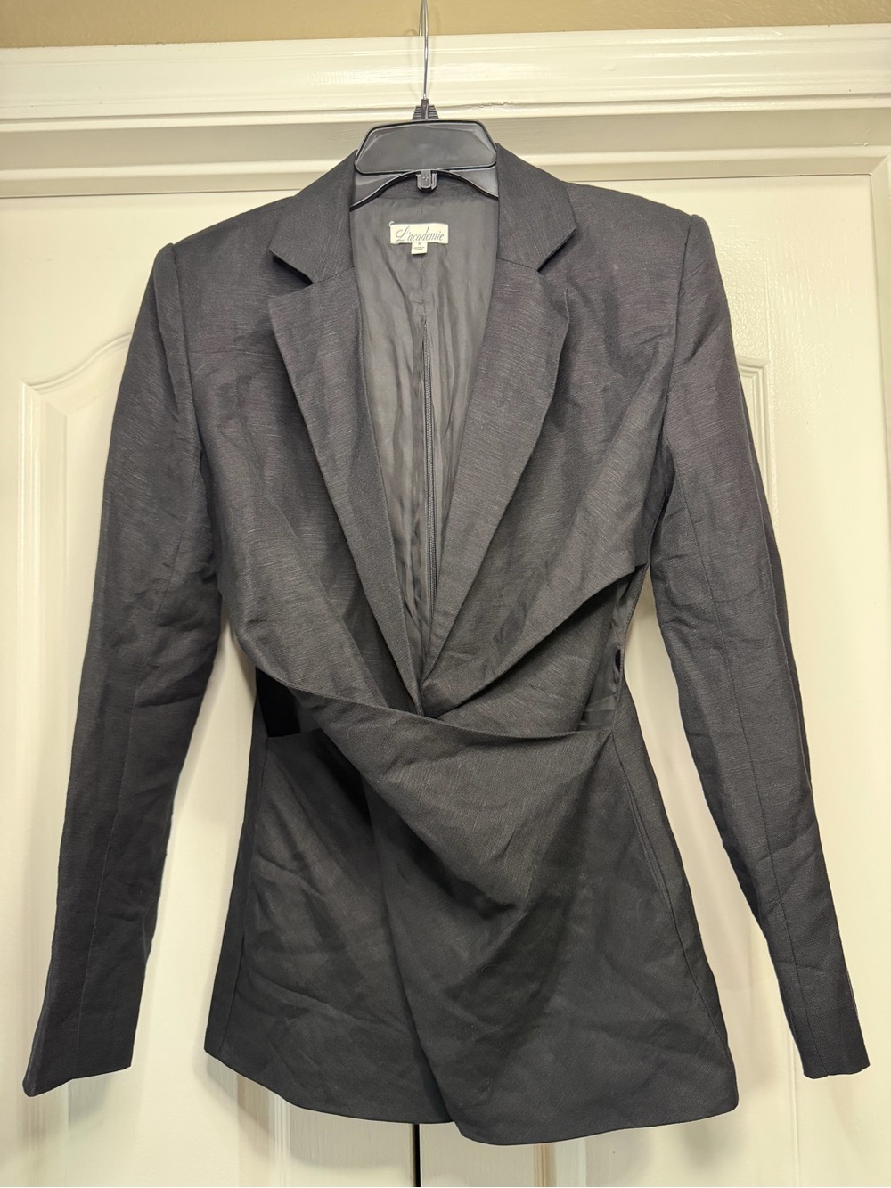 L’Academie The Emmy Linen Blazer S Draped Wrap Front Back Zip Black